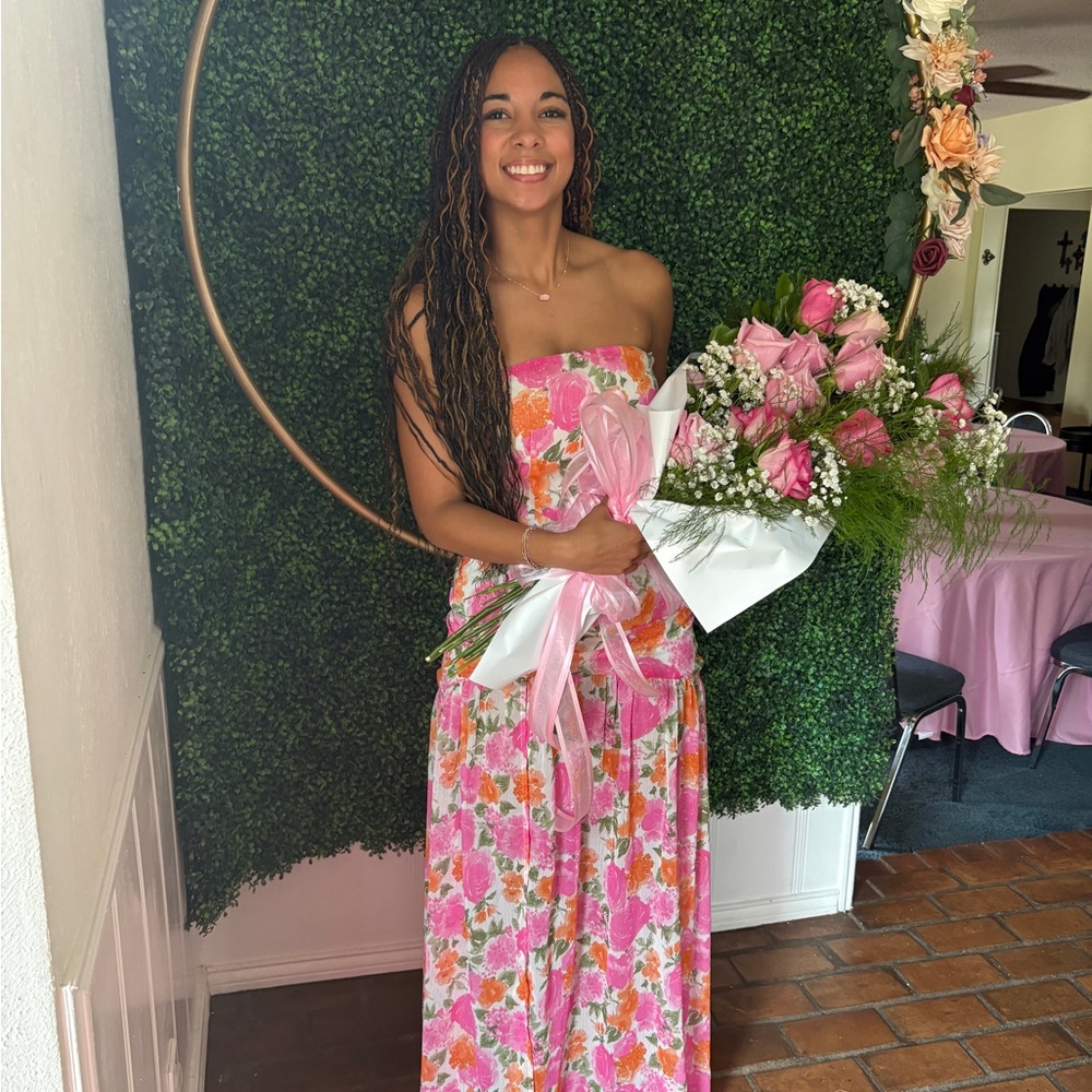 12th Tribe Pink and Orange Floral Strapless Maxi Dress